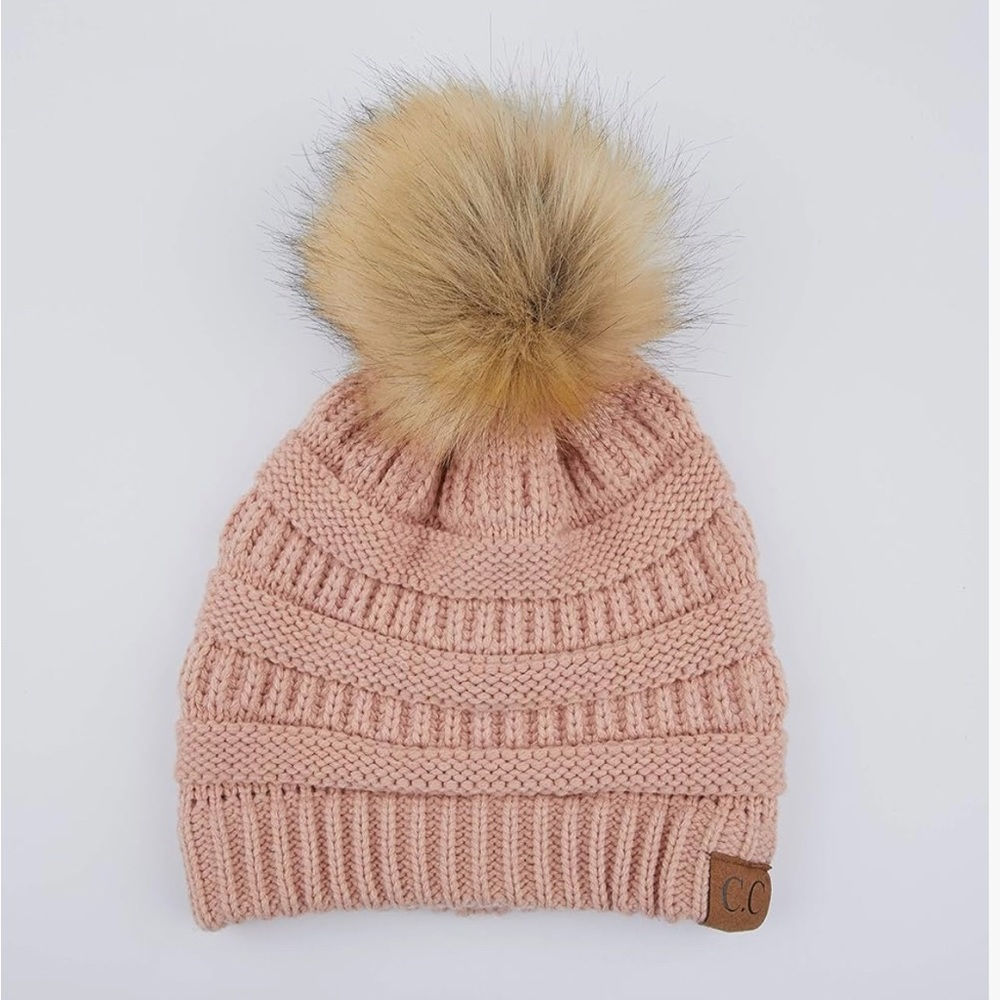 C.C Indi Pink Knit Hat with Faux Fur Pom